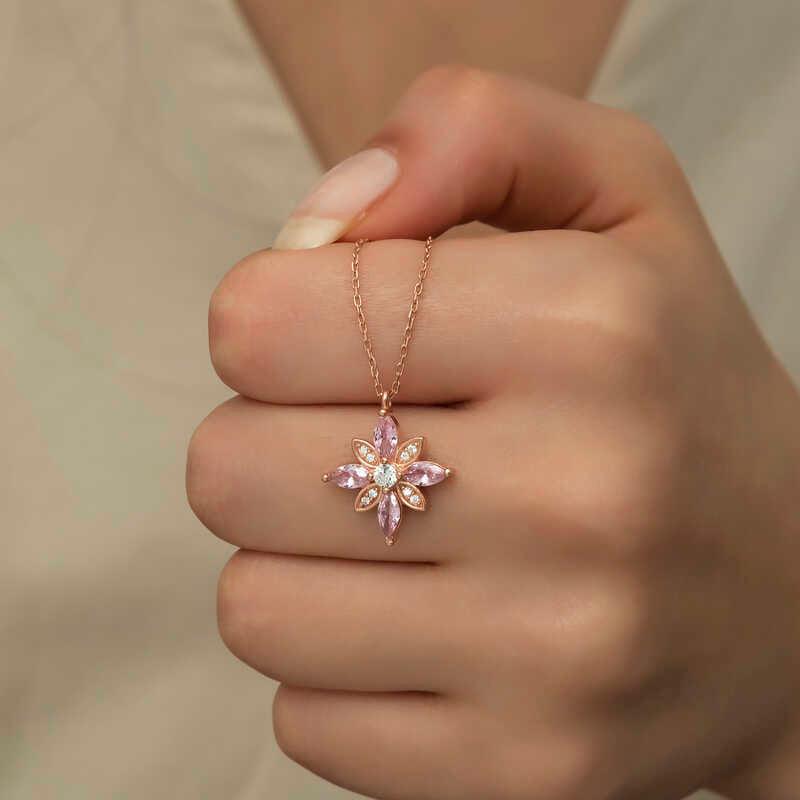 Silver Rose Pink Stone Hope Flower Necklace