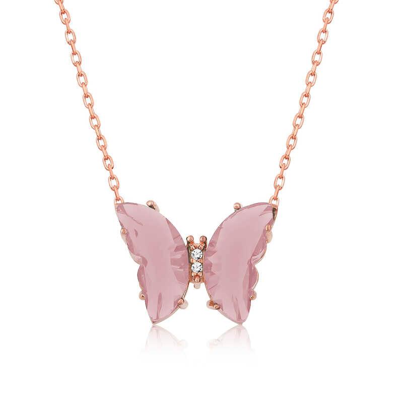 Silver Rose Powder Glass Butterfly Necklace