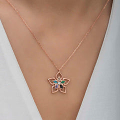 Silver Rose Color Stone Flower Women's Necklace