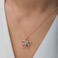 Silver Rose Color Stone Flower Women's Necklace