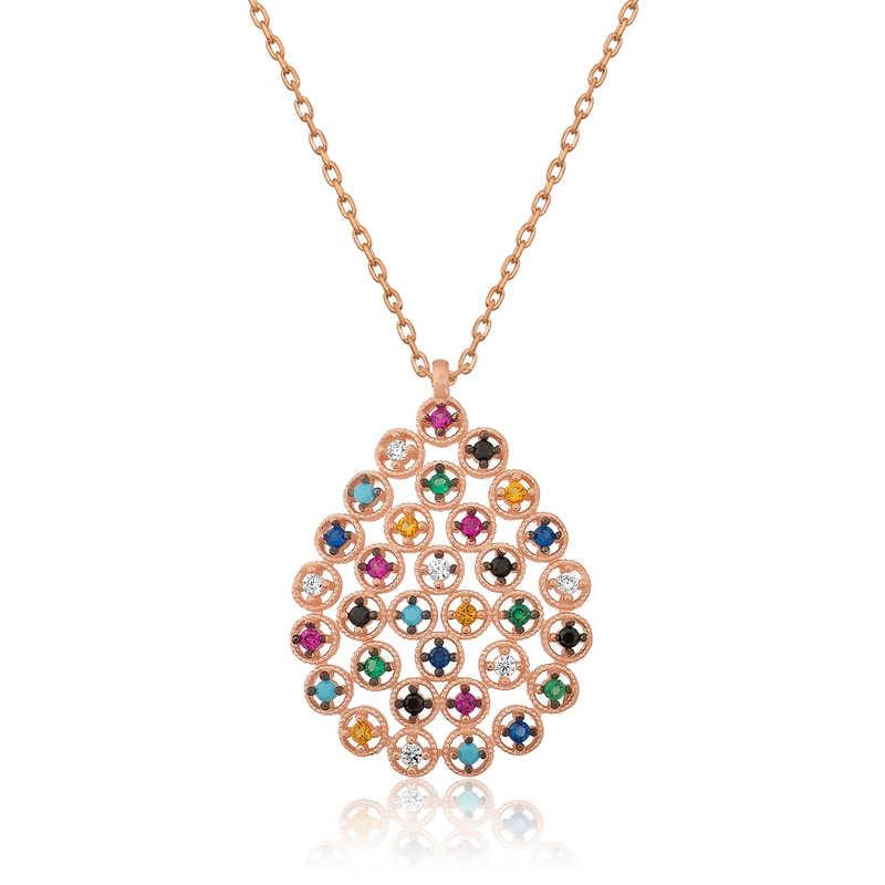 Silver Rose Color Stone Drop Necklace