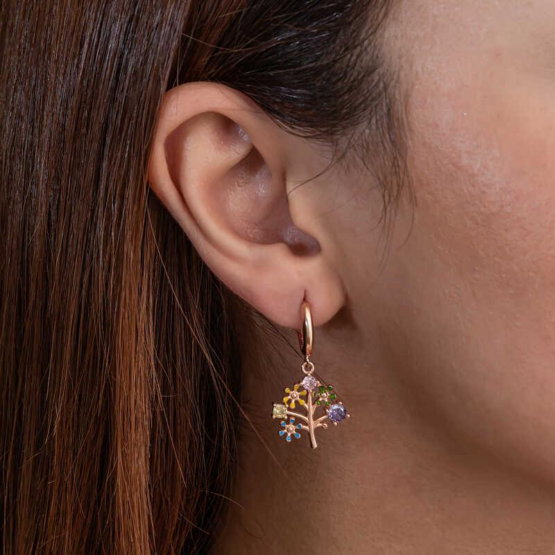 Silver Rose Color Stone Tree of Life Women's Earrings