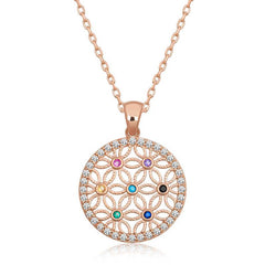 Silver Rose Color Stone Flower of Life Women's Necklace