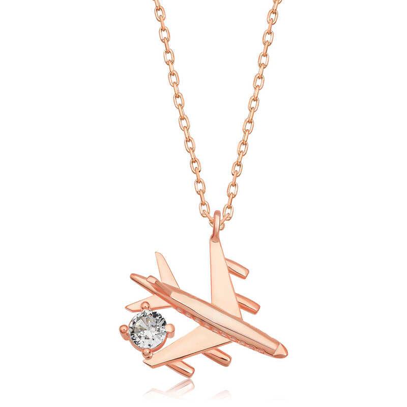 Collier pour femme en argent rose avec pierre unique représentant un avion