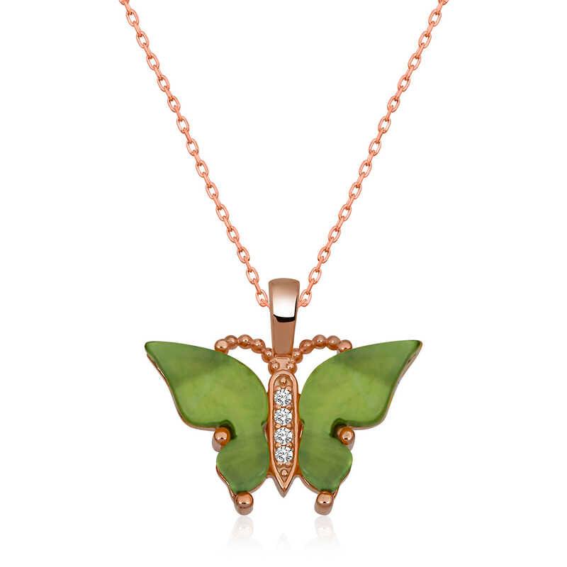 Silver Rose Green Tiger's Eye Stone Butterfly Necklace