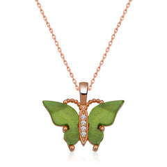 Silver Rose Green Tiger's Eye Stone Butterfly Necklace