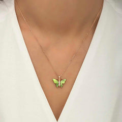 Silver Rose Green Tiger's Eye Stone Butterfly Necklace