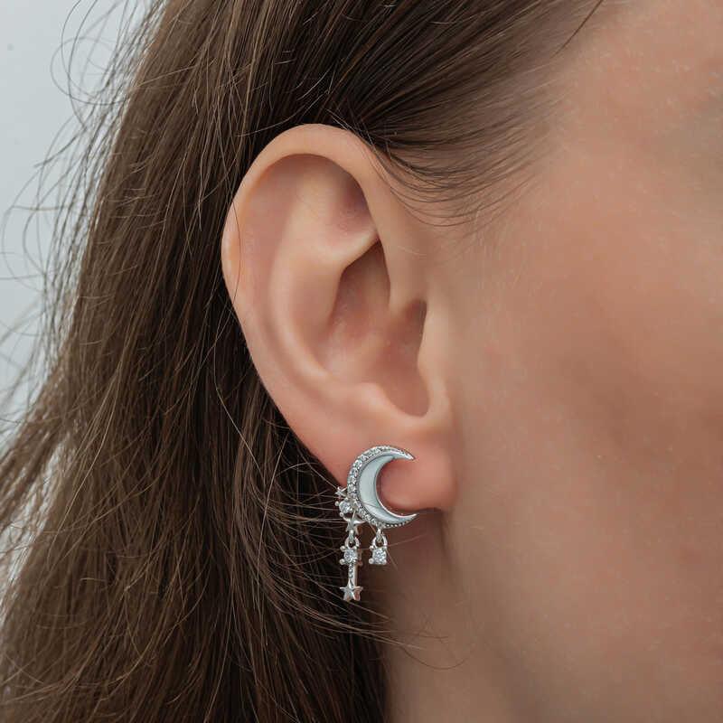Silver Dangling Crescent Star Women's Earrings
