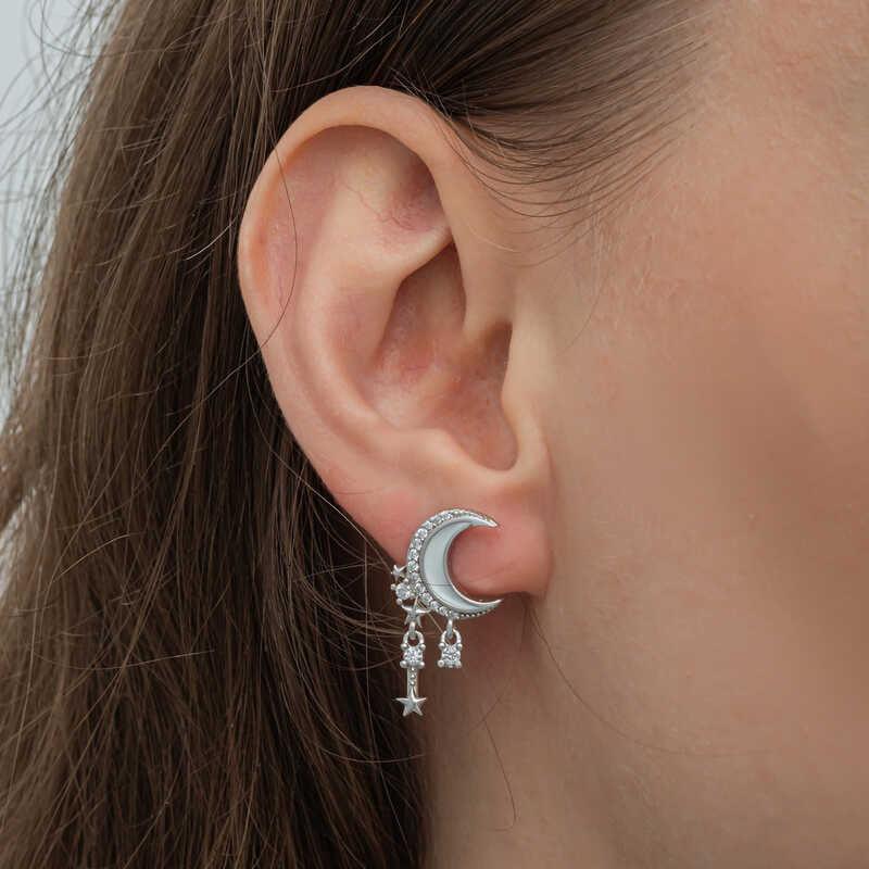 Silver Dangling Crescent Star Women's Earrings