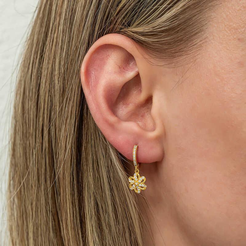 Silver Dangle Gold Flower Women's Earrings