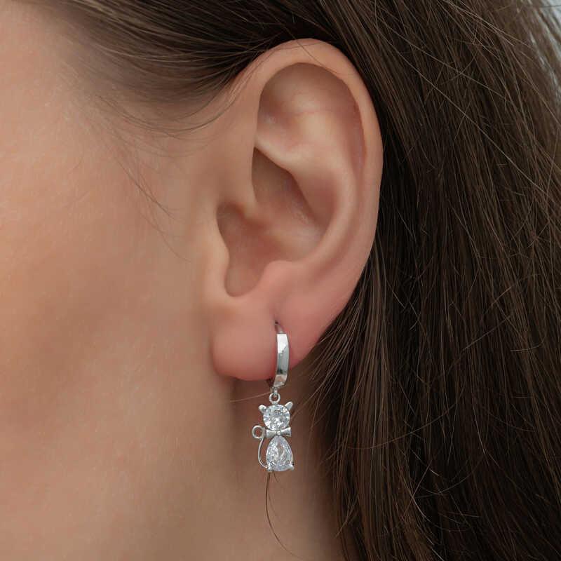 Silver Dangling Cat Woman Earrings