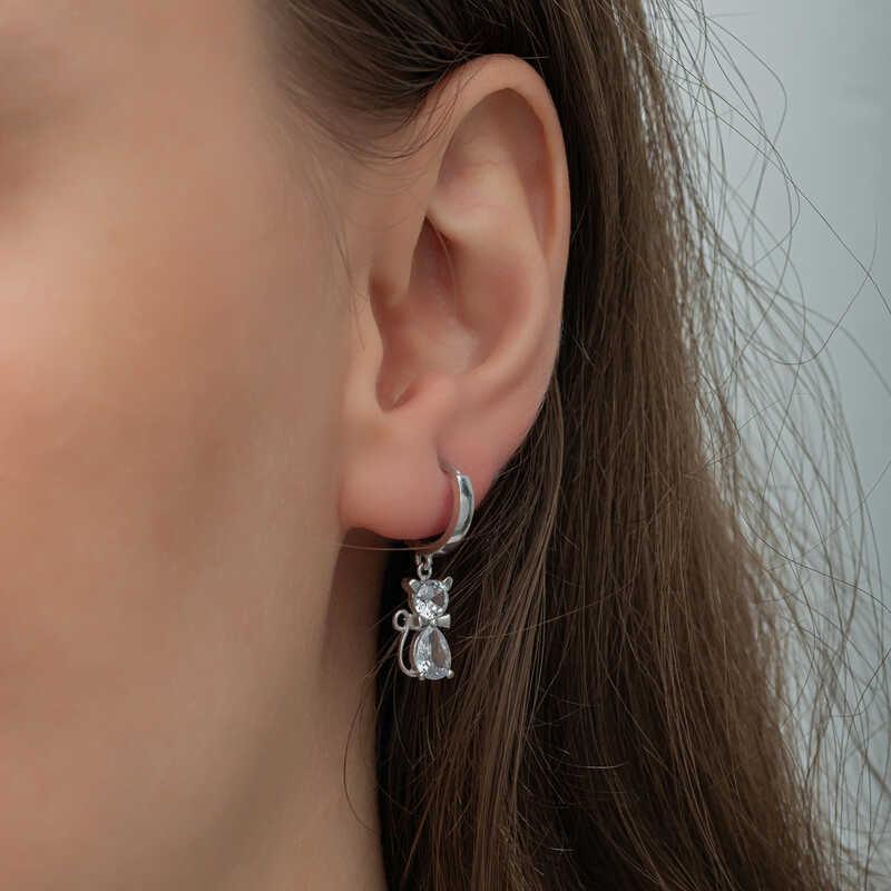 Silver Dangling Cat Woman Earrings