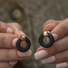 Silver Black Multi Stone Circle Women's Earrings