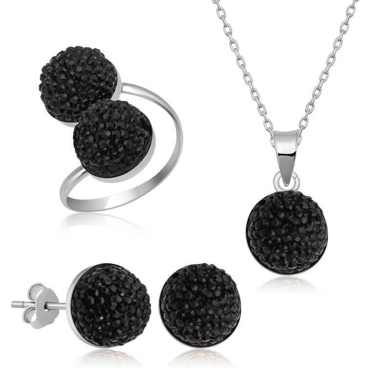 Silver Black Crystal Women Set
