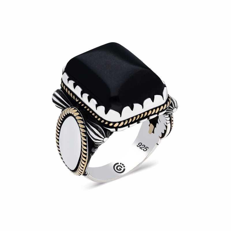 Silver Black Onyx Zircon Stone Square Men's