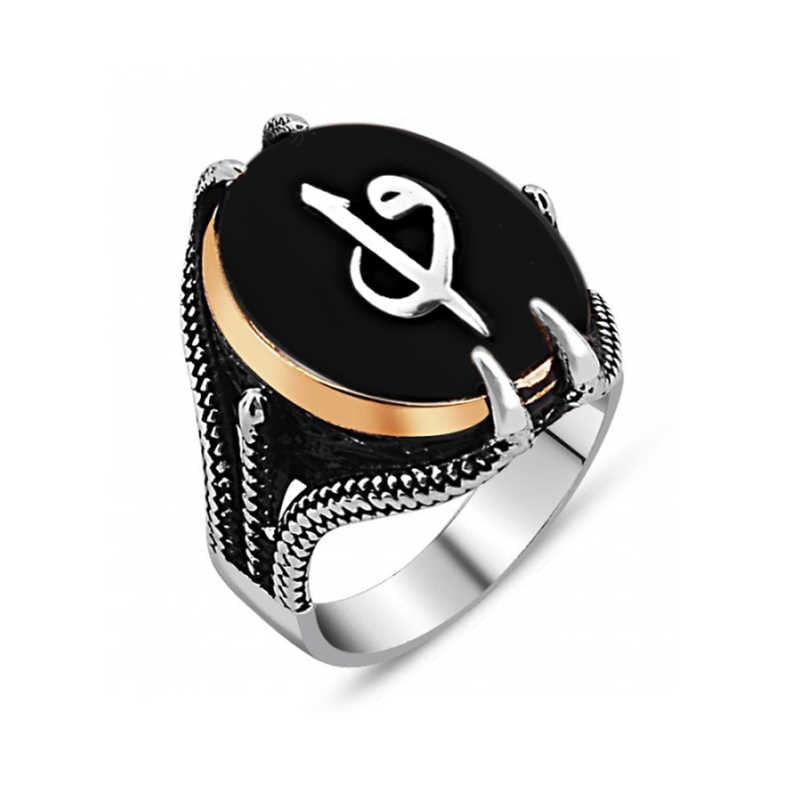 Bague pour homme en argent et pierre noire avec griffe d'aigle Elif Vav