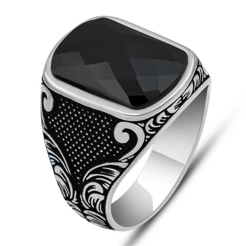 Silver Black Zircon Stone Square Men's Ring