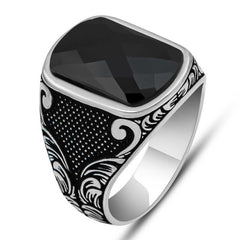 Silver Black Zircon Stone Square Men's Ring