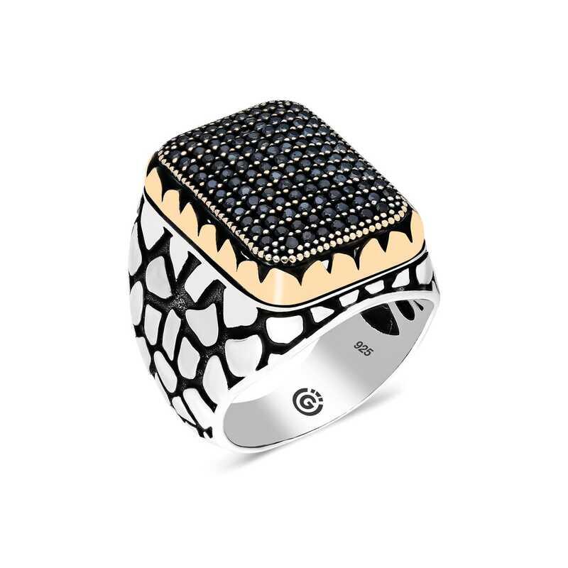 Silver Black Zircon Stone Square Men's Ring