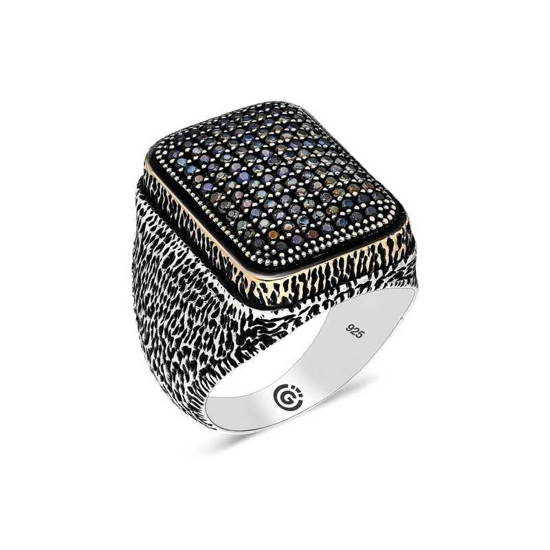 Silver Black Zircon Stone Square Men's Ring