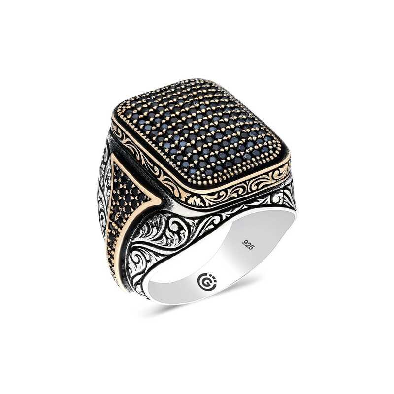 Silver Black Zircon Stone Square Men's Ring
