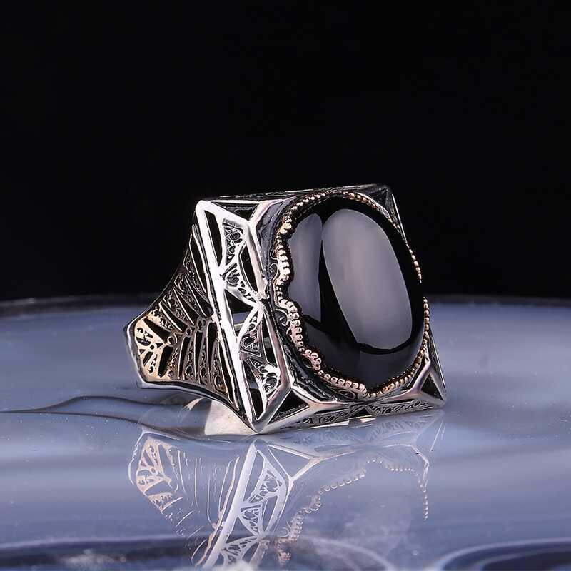 Silver Black Zircon Stone Square Men's Ring