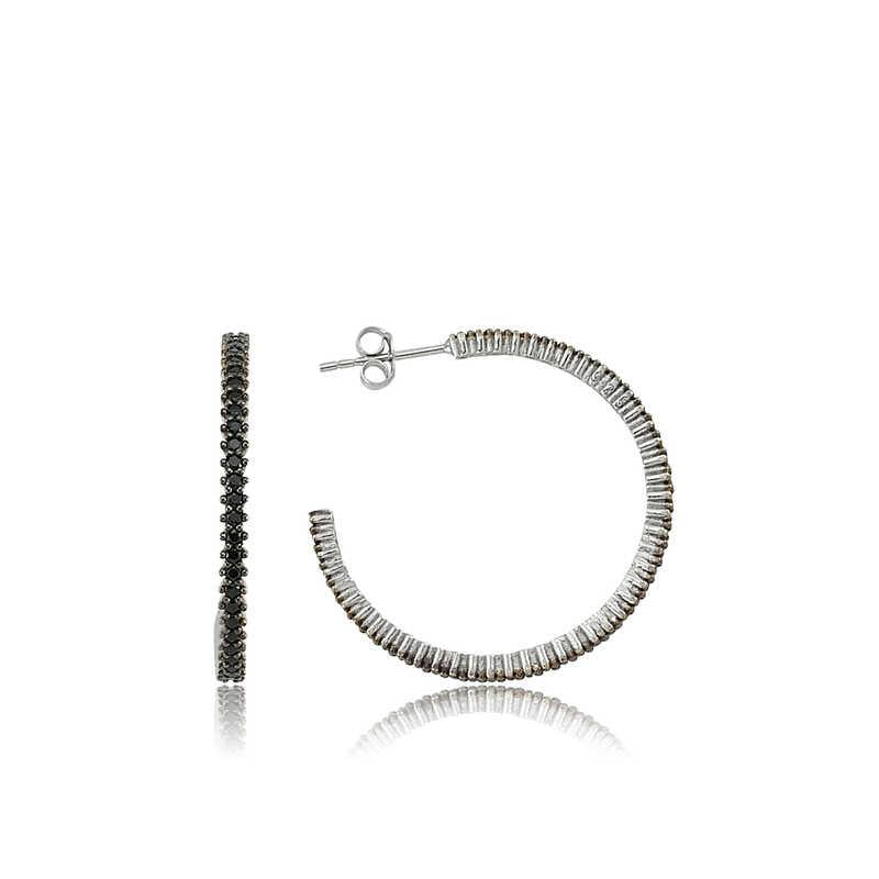 Silver Full Circle Black Stone Earrings