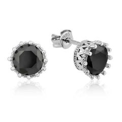 Silver Prong Black Single Stone Earring