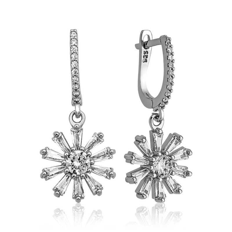 Silver Trapezoid Stone Flower Women's Earrings