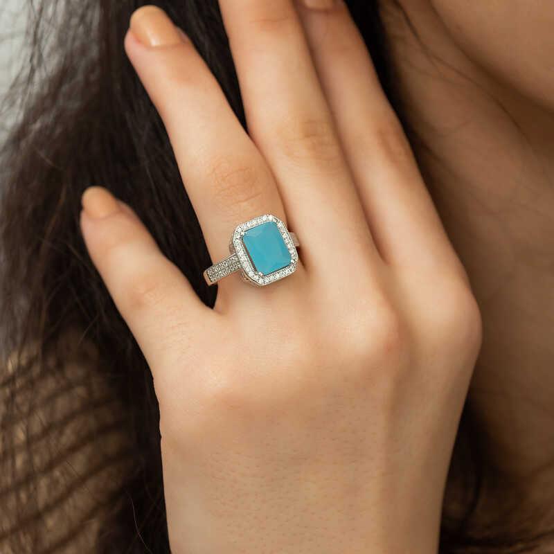Silver Turquoise Baguette Square Women's Ring