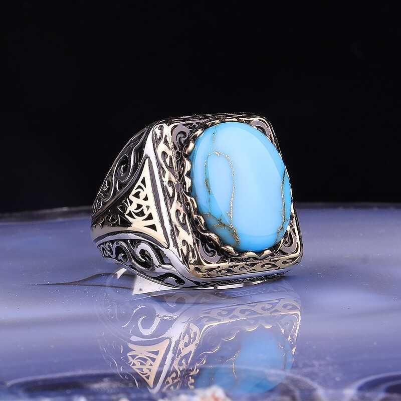 Silver Turquoise Stone Square Men's Ring