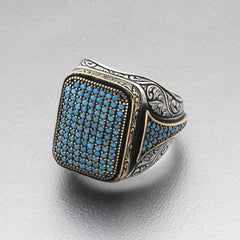 Silver Turquoise Zircon Stone Square Men's Ring
