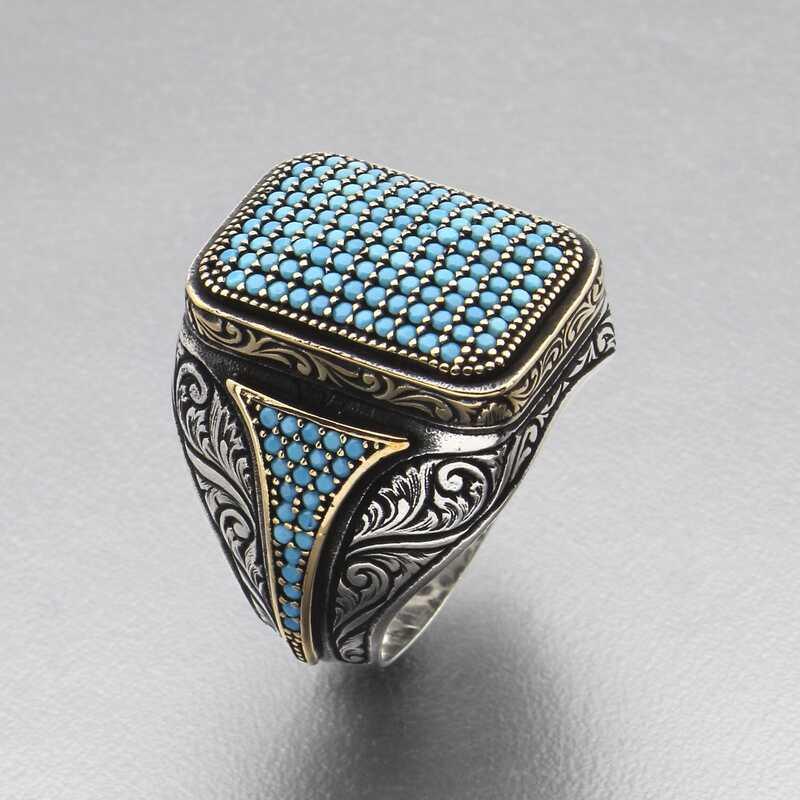 Silver Turquoise Zircon Stone Square Men's Ring