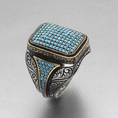 Silver Turquoise Zircon Stone Square Men's Ring