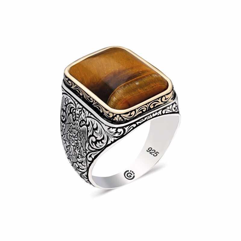 Silver Tiger's Eye Stone Square Men's Ring