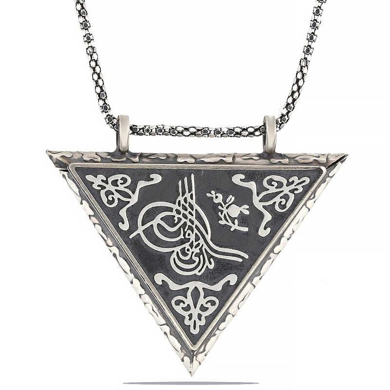 Collier amulette Tughra ouvrable en forme de triangle argenté