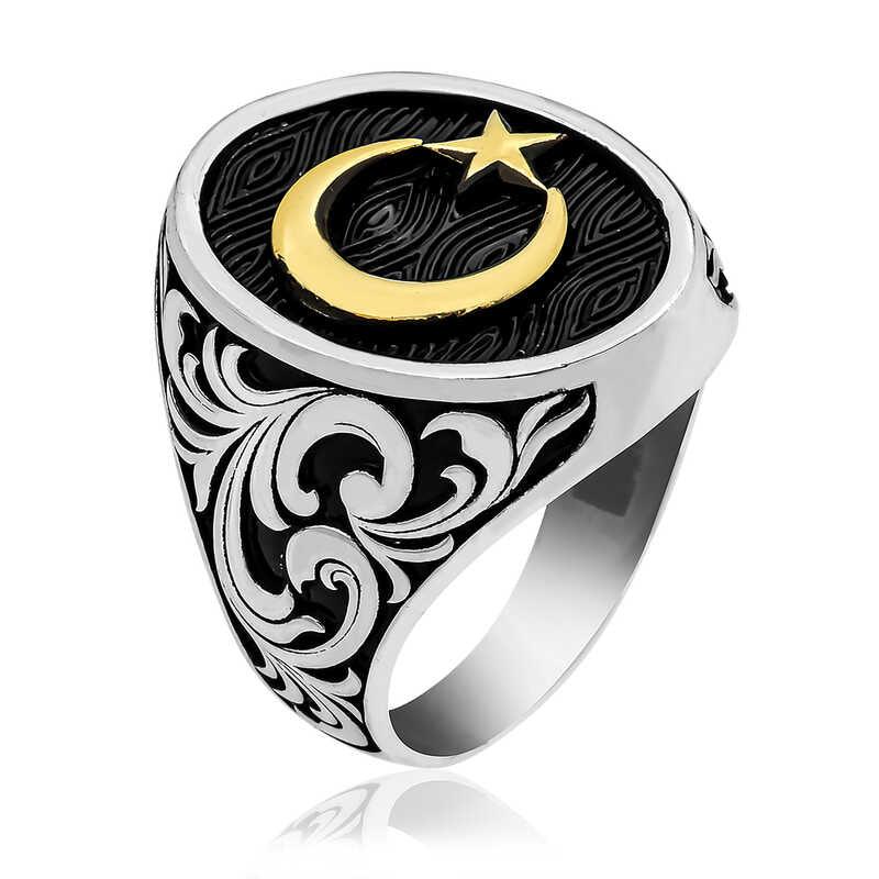 Bague pour homme en argent avec motif croissant d'étoile
