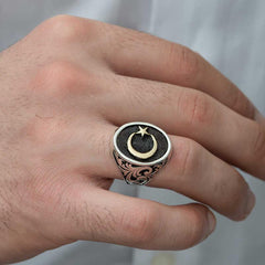 Bague pour homme en argent avec motif croissant d'étoile