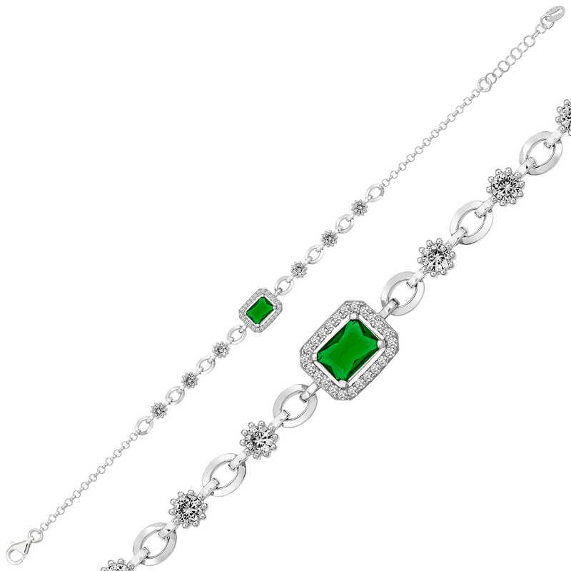 Bracelet pour femme en pierre baguette verte argentée