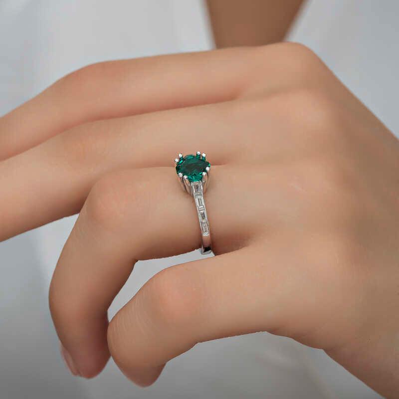 Silver Green Baguette Single Stone Women's Ring