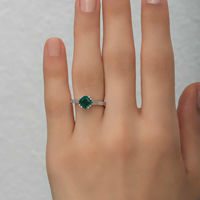Silver Green Baguette Single Stone Women's Ring