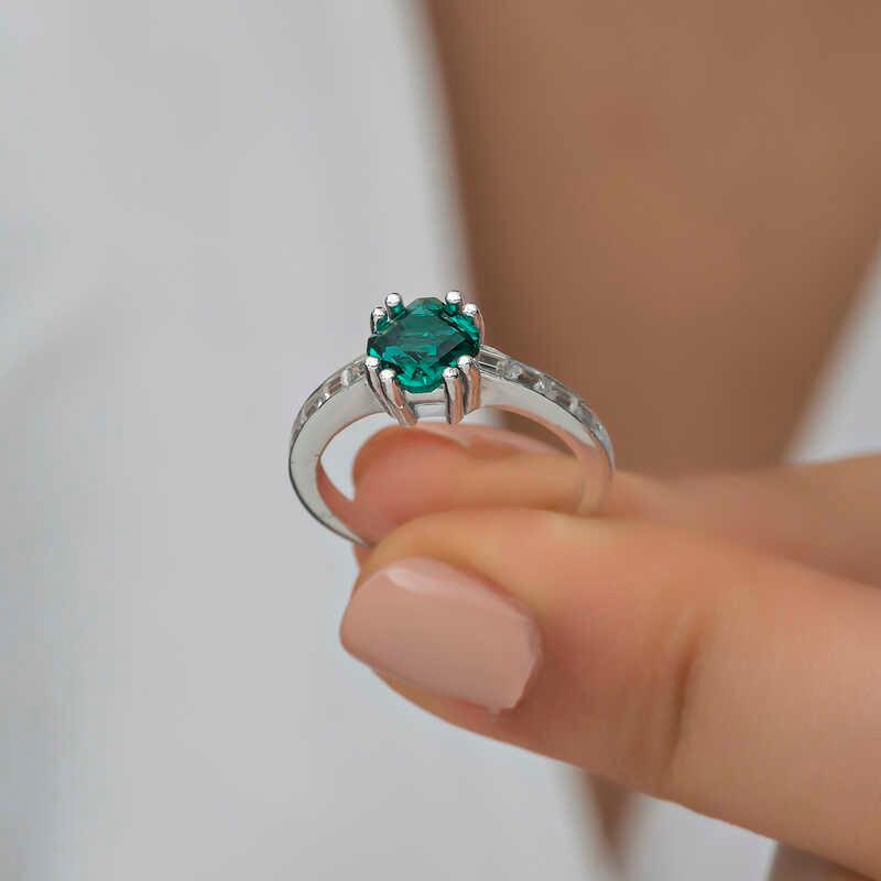 Silver Green Baguette Single Stone Women's Ring