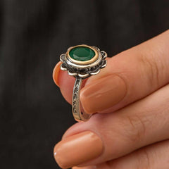 Silver Green Flower Patterned Authentic Women's Ring