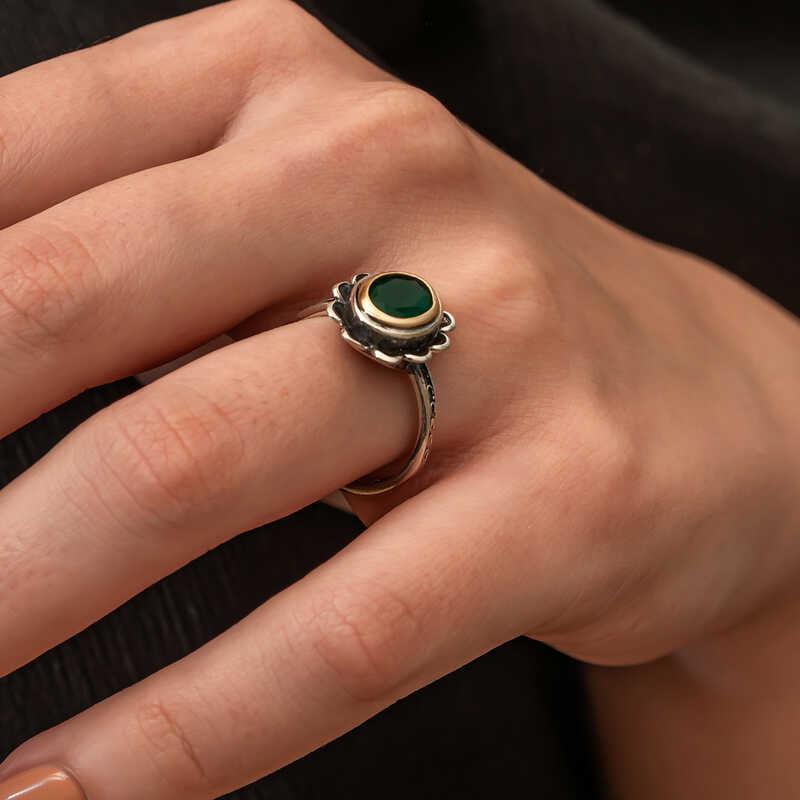 Silver Green Flower Patterned Authentic Women's Ring