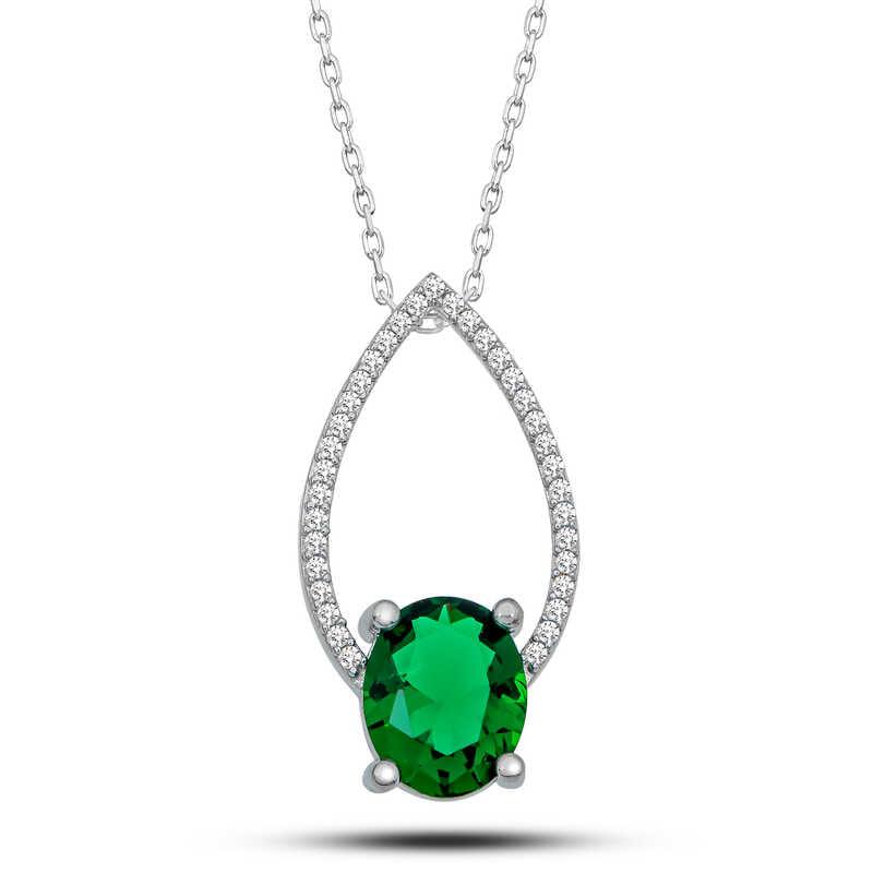 Silver Green Oval Stone Drop Women's Necklace
