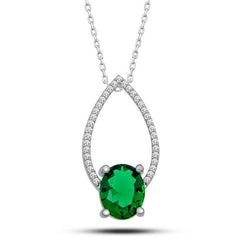 Silver Green Oval Stone Drop Women's Necklace