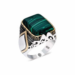Silver Green Tightened Amber Stone Square Men's Ring