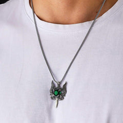 Silver Green Stone Dragon Men's Sword Necklace