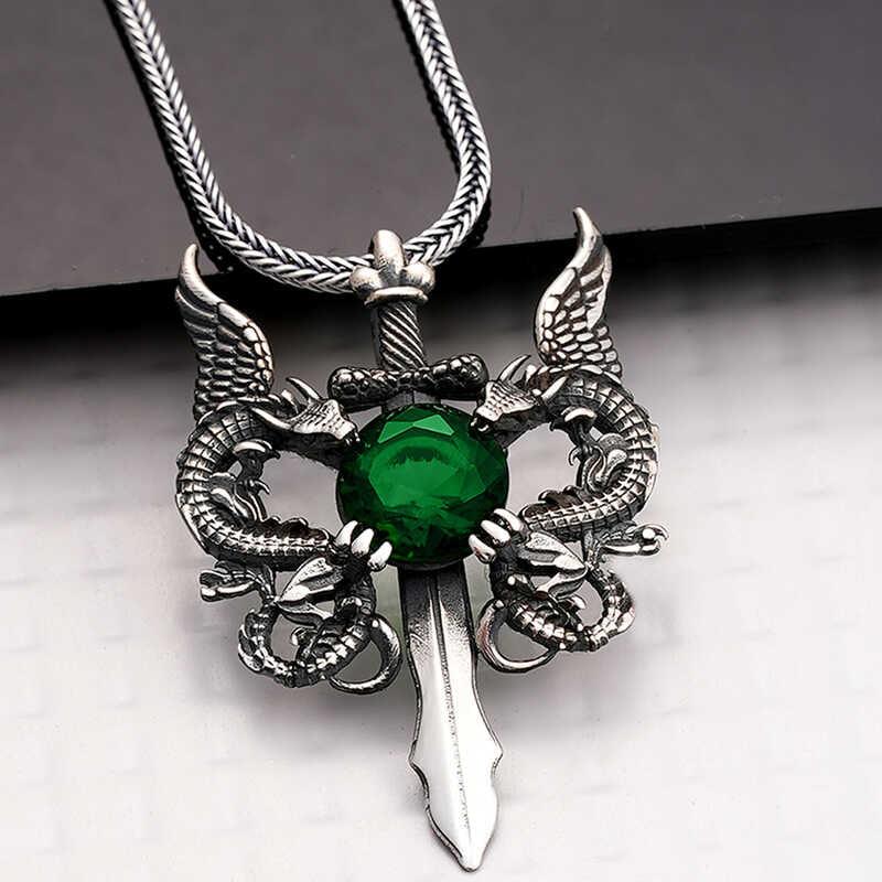 Silver Green Stone Dragon Men's Sword Necklace
