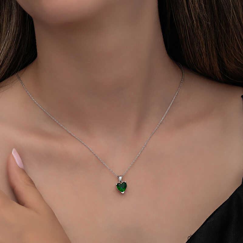 Silver Green Stone Heart Women's Necklace